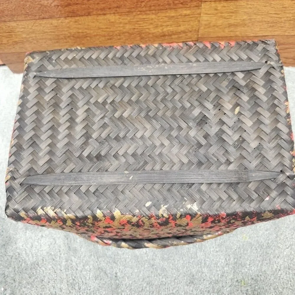 Woven Basket Rectangular Boho Farmhouse Storage Tote Handles Multicolor Rustic